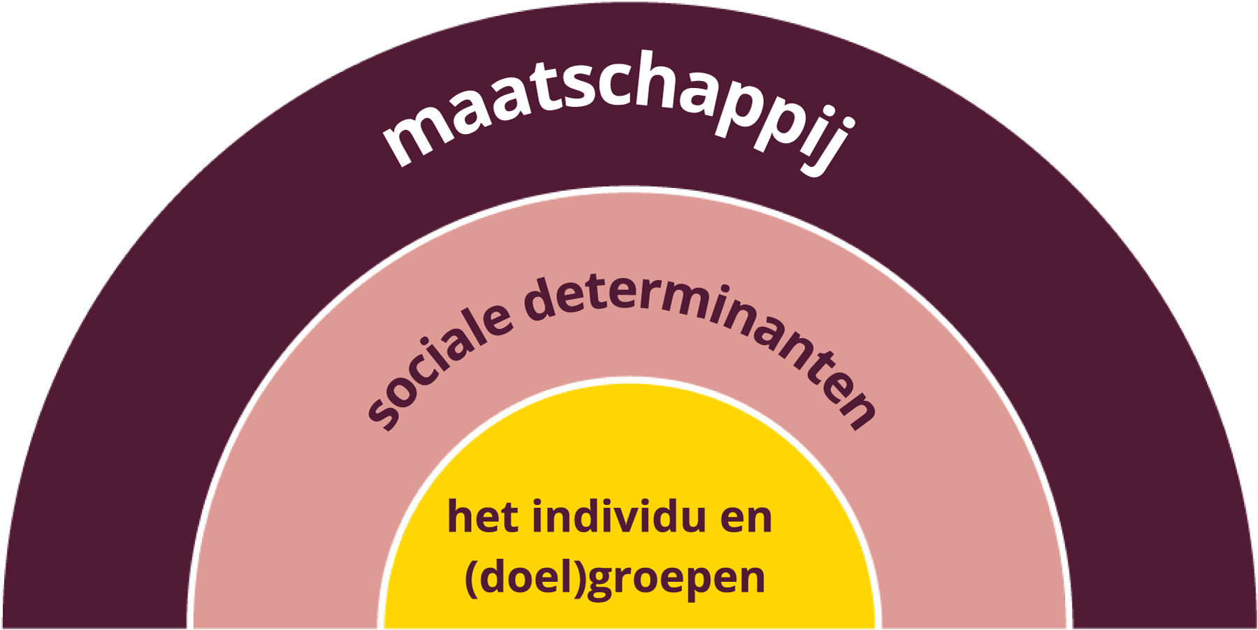 Drie halve cirkel in een regenboogfiguur. De binnenste staat voor “het individu en (doel)groepenbeleid, de middelste voor sociale determinanten en de buitenste voor maatschappij.