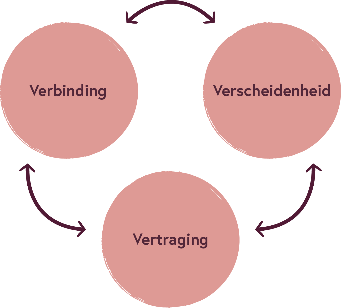 Drie losse cirkels met in elke cirkel 1 woord, namelijk verbinding, vertraging en verscheidenheid. Alle cirkels zijn verbonden met elkaar door twee richtingen pijlen.